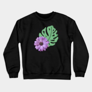 Monstera Leaf and Purple Daisy - Swiss Cheese Leaf Crewneck Sweatshirt